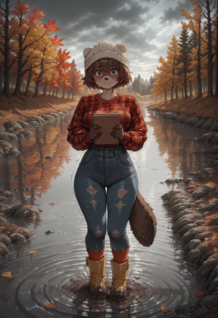 캐릭터 이미지 - standing in a shallow stream, holding a book, wearing a plaid shirt, ripped jeans, and boots, autumn