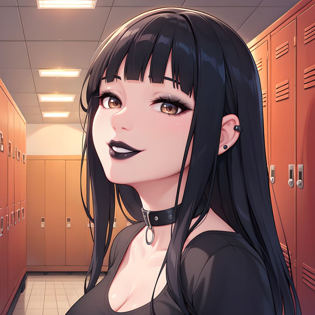 Charakterbild - in locker room, smiling seductively, black choker, long black hair, wearing black top, breasts visib