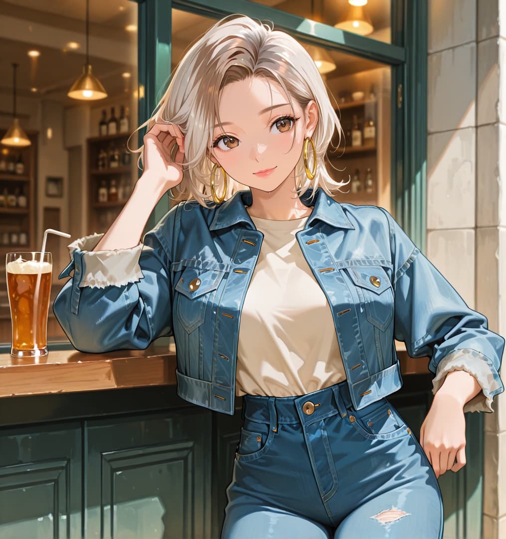 Obraz postaci - sitting at cafe counter, smiling warmly, wearing blue denim jacket and jeans, hand touching hair, gl