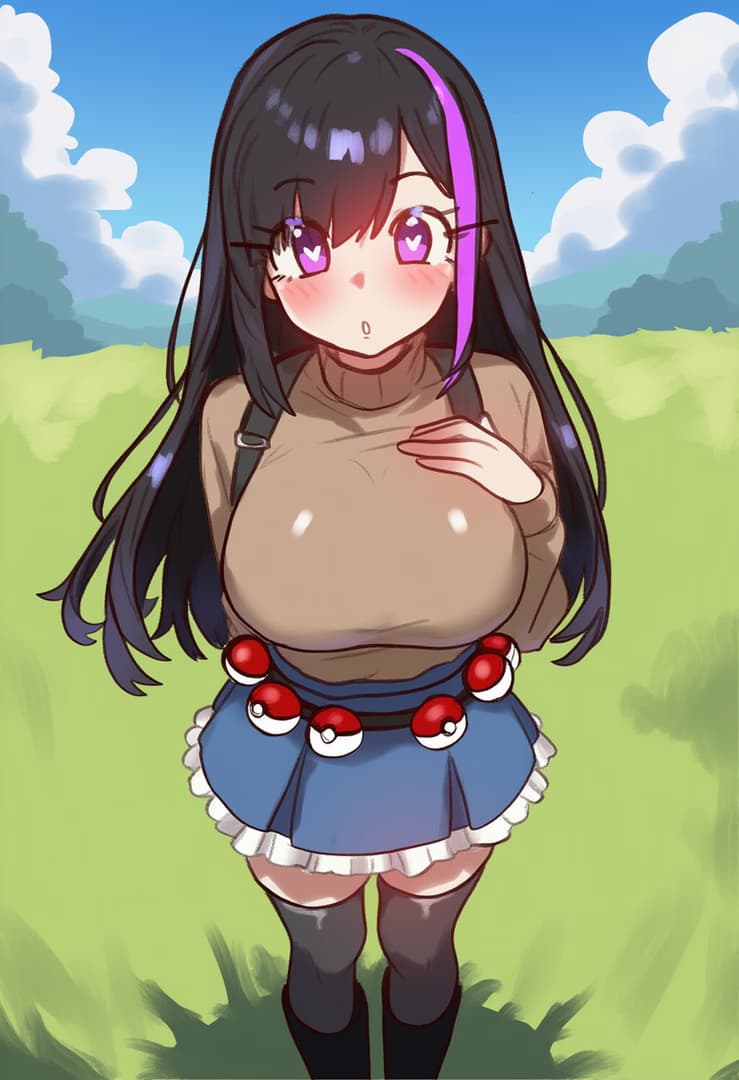 캐릭터 이미지 - shy expression in outdoor field, wearing brown turtleneck and blue frilly skirt with Poké Balls, bre