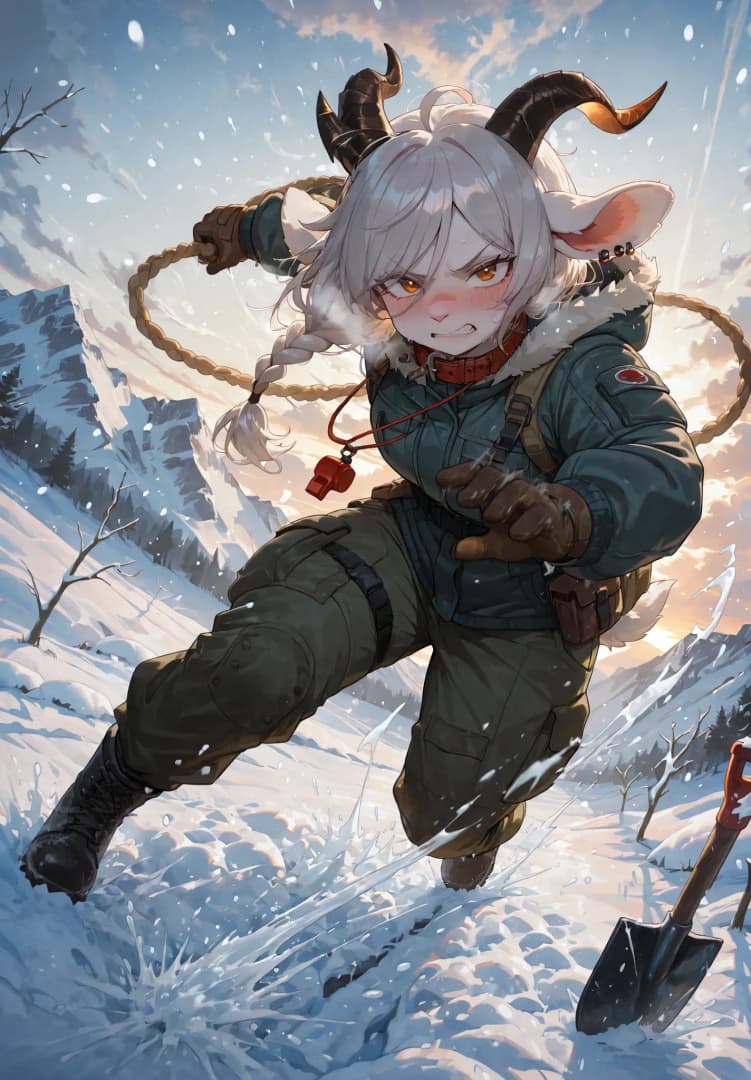 Immagine del personaggio - angry expression, running through snowy mountains, wearing winter gear and rope, determined pose, ou