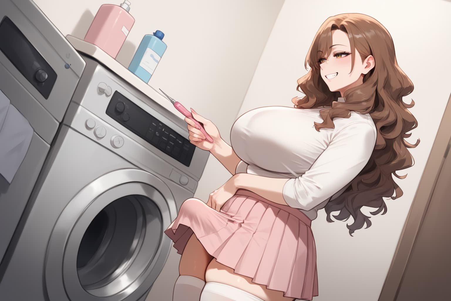 Charakterbild - woman in laundry room, sitting on washing machine, holding screwdriver, smiling seductively, wearing