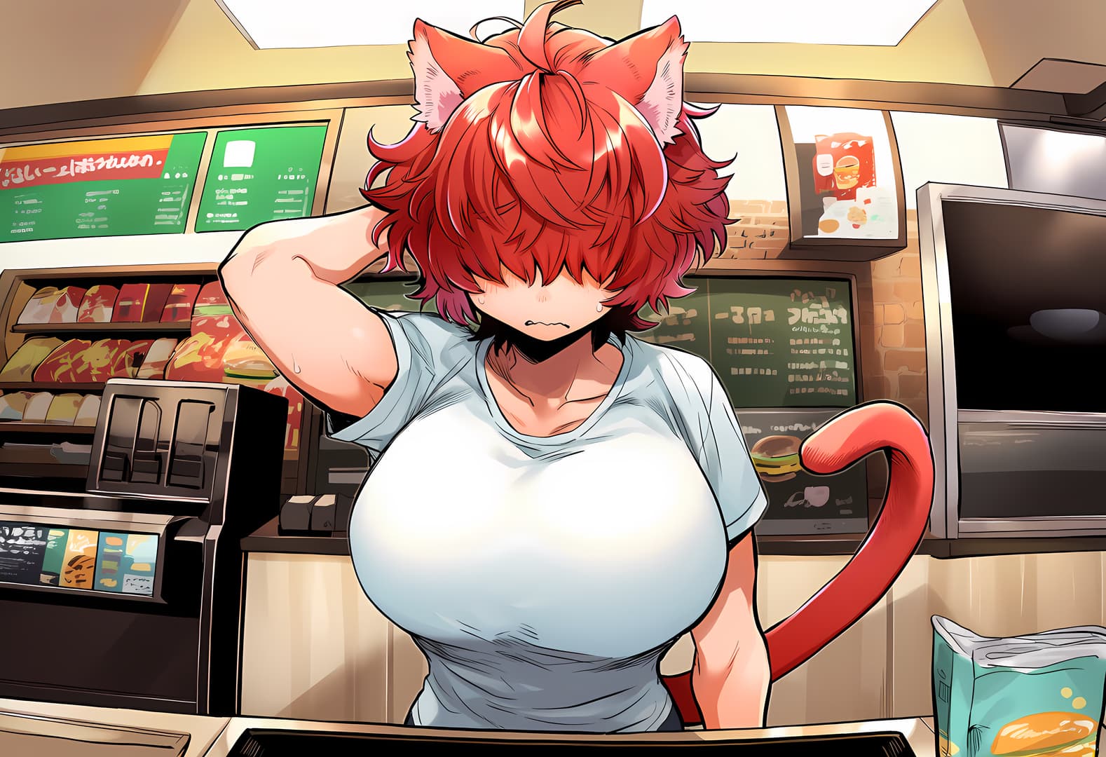 Immagine del personaggio - at cafe counter, red-haired cat girl with large breasts, wearing light blue t-shirt, one hand behind