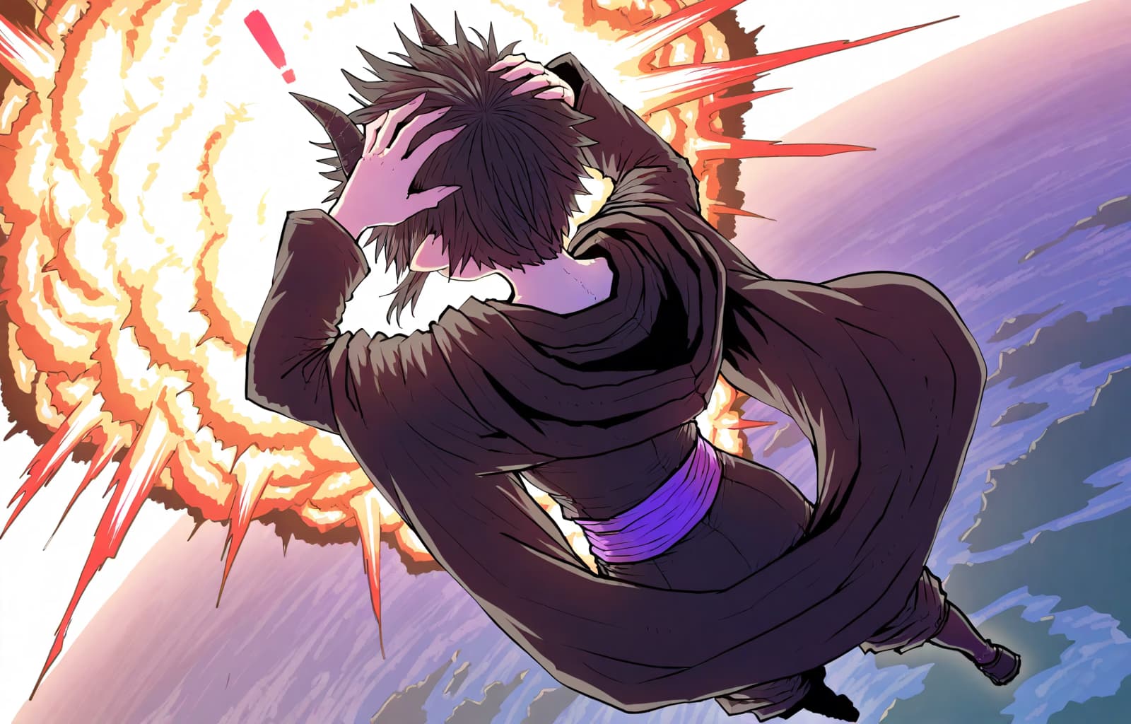 صورة الشخصية - Character in dark robe with purple sash, back turned, hands clutching head in shock, surrounded by f