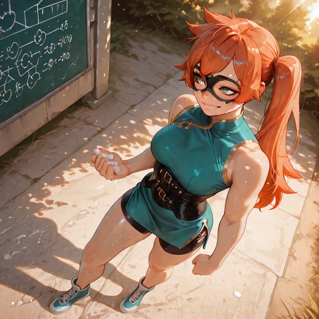Charakterbild - standing outdoors in sunlight, confident and playful expression, wearing a teal sleeveless top and b