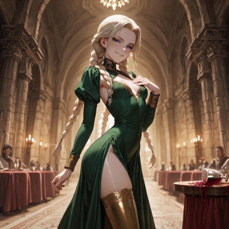 Immagine del personaggio - In a grand cathedral hall, a woman with long blonde braids wears a revealing green dress with a high