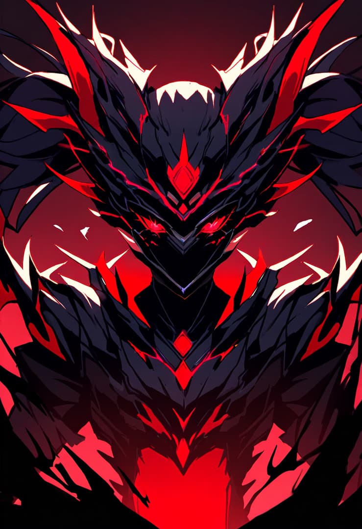 Imagem do personagem - fierce and menacing expression, dark armored creature with glowing red eyes and sharp spiky features