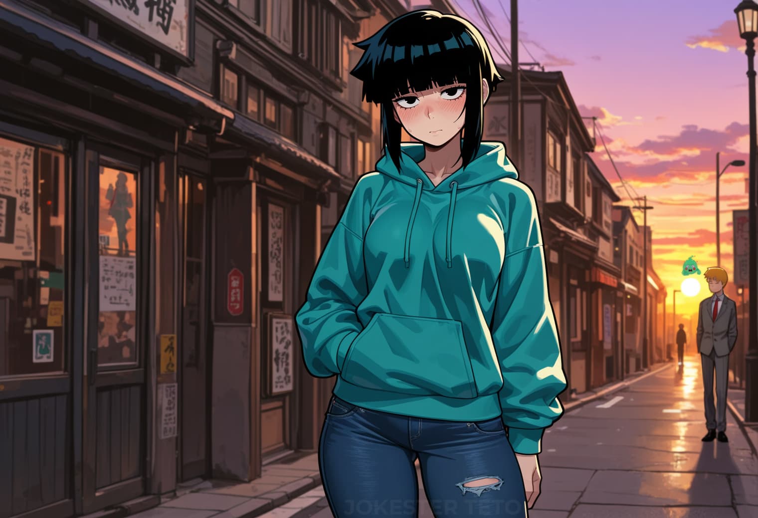 Obraz postaci - standing on street, wearing teal hoodie and ripped jeans, neutral expression, sunset background, sma