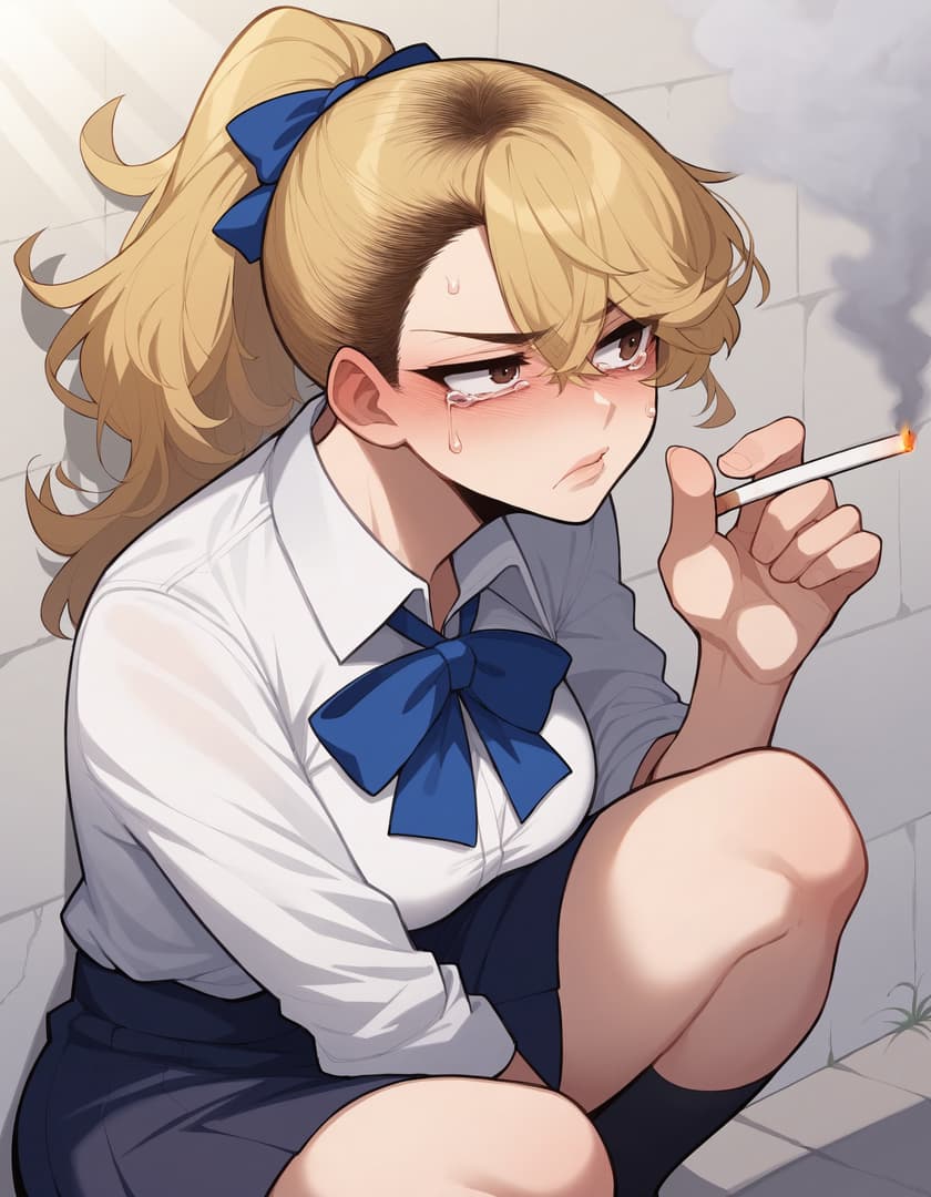 صورة الشخصية - sad expression, crying, sitting on ground, holding cigarette, school uniform with blue bow, blonde h