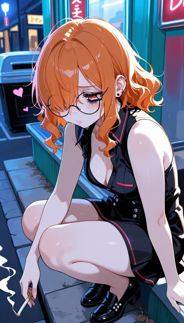 صورة الشخصية - sitting on sidewalk at night, orange hair, glasses, black outfit, legs slightly spread, holding ciga