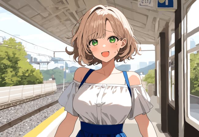 किरदार इमेज - happy expression, standing at train station platform, wearing off-shoulder white blouse and blue ski