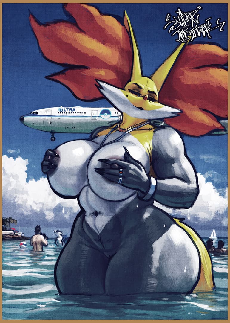किरदार इमेज - nude in ocean water, large breasts exposed, hand on breast, seductive expression, beach setting with