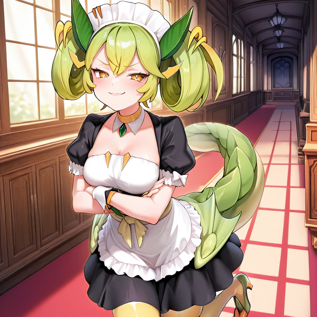 Character image - confident and playful expression, arms crossed, wearing a revealing maid outfit with a short black d