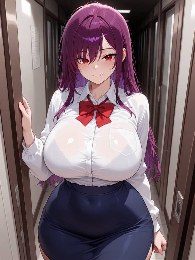 Immagine del personaggio - standing in hallway, purple hair, red eyes, smiling seductively, wearing white shirt with red bow an