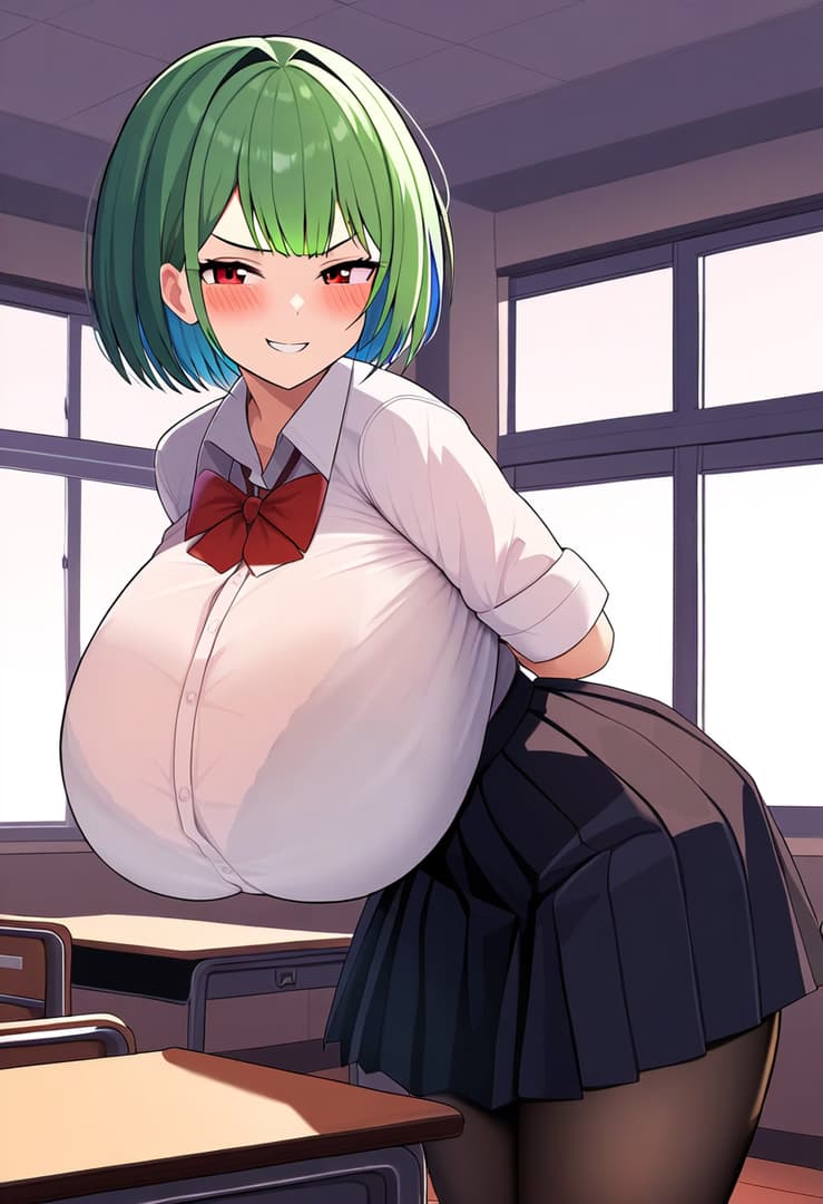 รูปภาพตัวละคร - green-haired girl in school uniform, standing in classroom, hands on hips, breasts prominently displ
