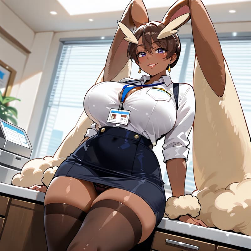 캐릭터 이미지 - office setting, bunny girl with large breasts, wearing white shirt and short black skirt, legs sprea