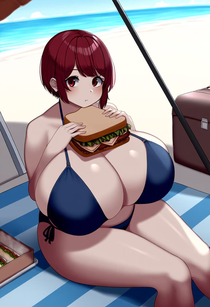 Karakter görseli - at beach in blue bikini, sitting on striped towel, holding large sandwich, happy and playful express