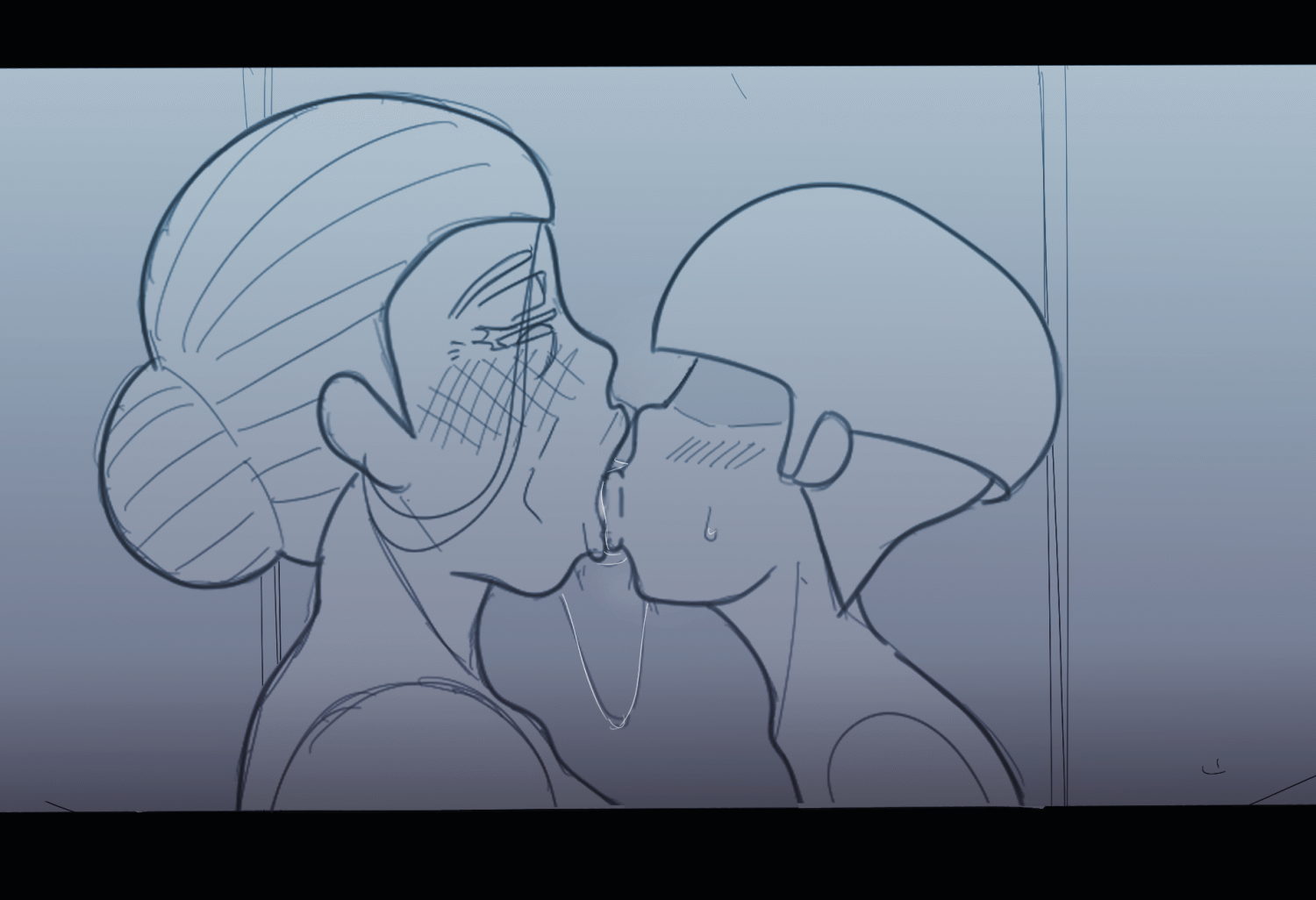 Immagine del personaggio - Two characters kissing passionately, one with hair in a bun and the other with a helmet, both with c