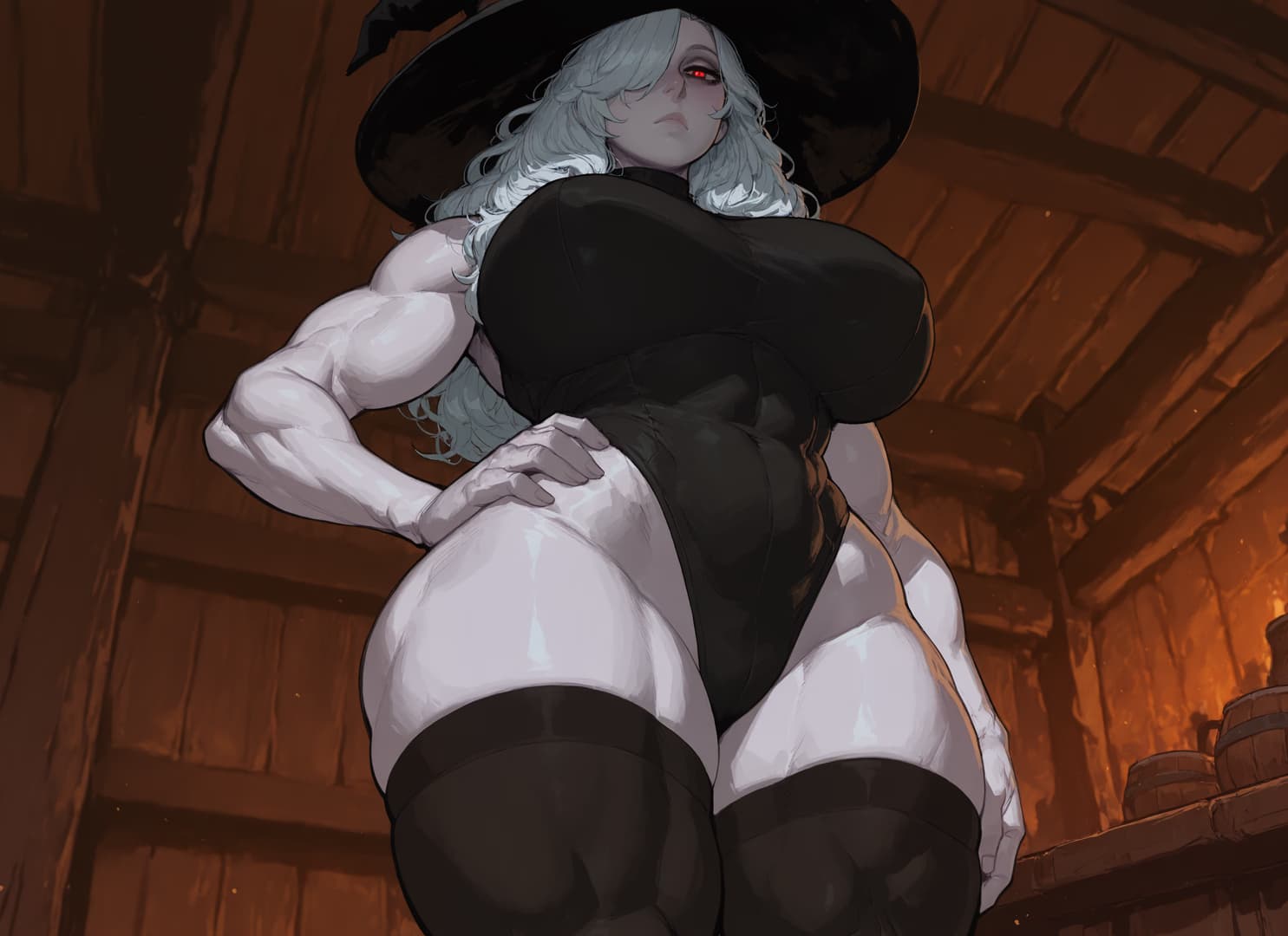 Charakterbild - nude, standing in a wooden room, legs spread, hands on hips, muscular body, silver hair, black witch
