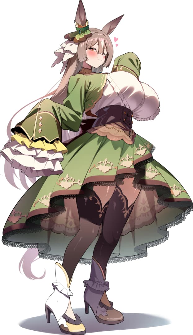 Charakterbild - shy smile, standing with one leg slightly bent, wearing a green and white frilly dress with puffed s