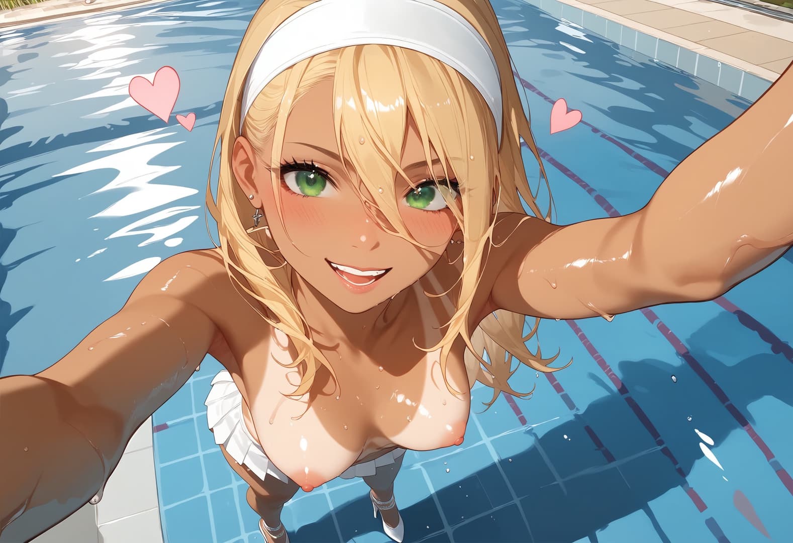 Karakter görseli - topless in swimming pool, wet blonde hair, green eyes, smiling seductively, arms outstretched, breas