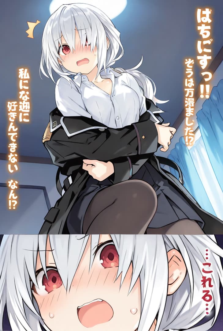 Imagem do personagem - shy and flustered expression, sitting with legs spread, arms crossed over chest, wearing white shirt
