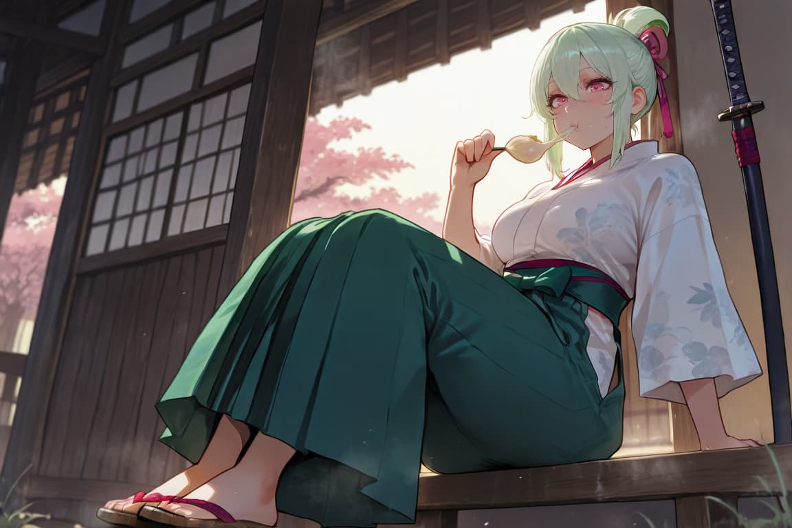 किरदार इमेज - sitting on wooden porch, light green hair in high ponytail with pink ribbon, wearing white kimono wi