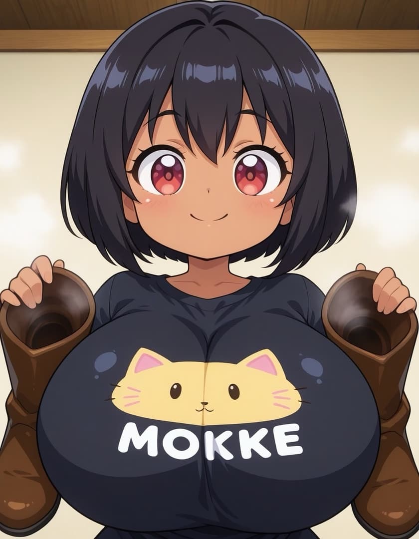 Charakterbild - sitting, smiling happily, wearing a black t-shirt with a cat design and "MOKKE" text, holding brown