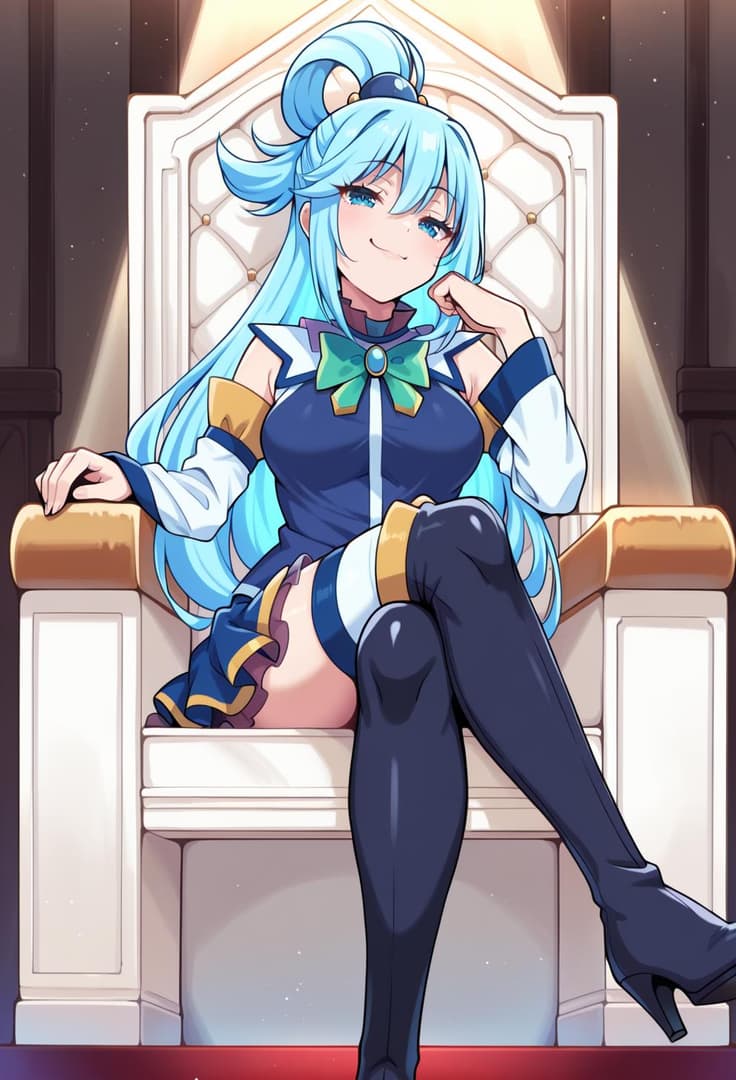 Immagine del personaggio - sitting on throne, legs spread, smiling seductively, wearing blue and white outfit with high heels,