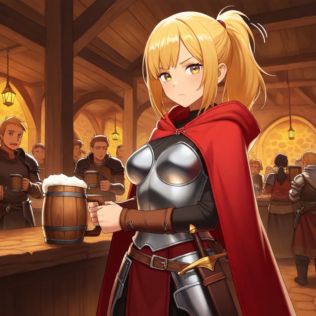 Изображение персонажа - in tavern, wearing red cloak and armor, holding mug, serious expression, fully clothed, standing at 