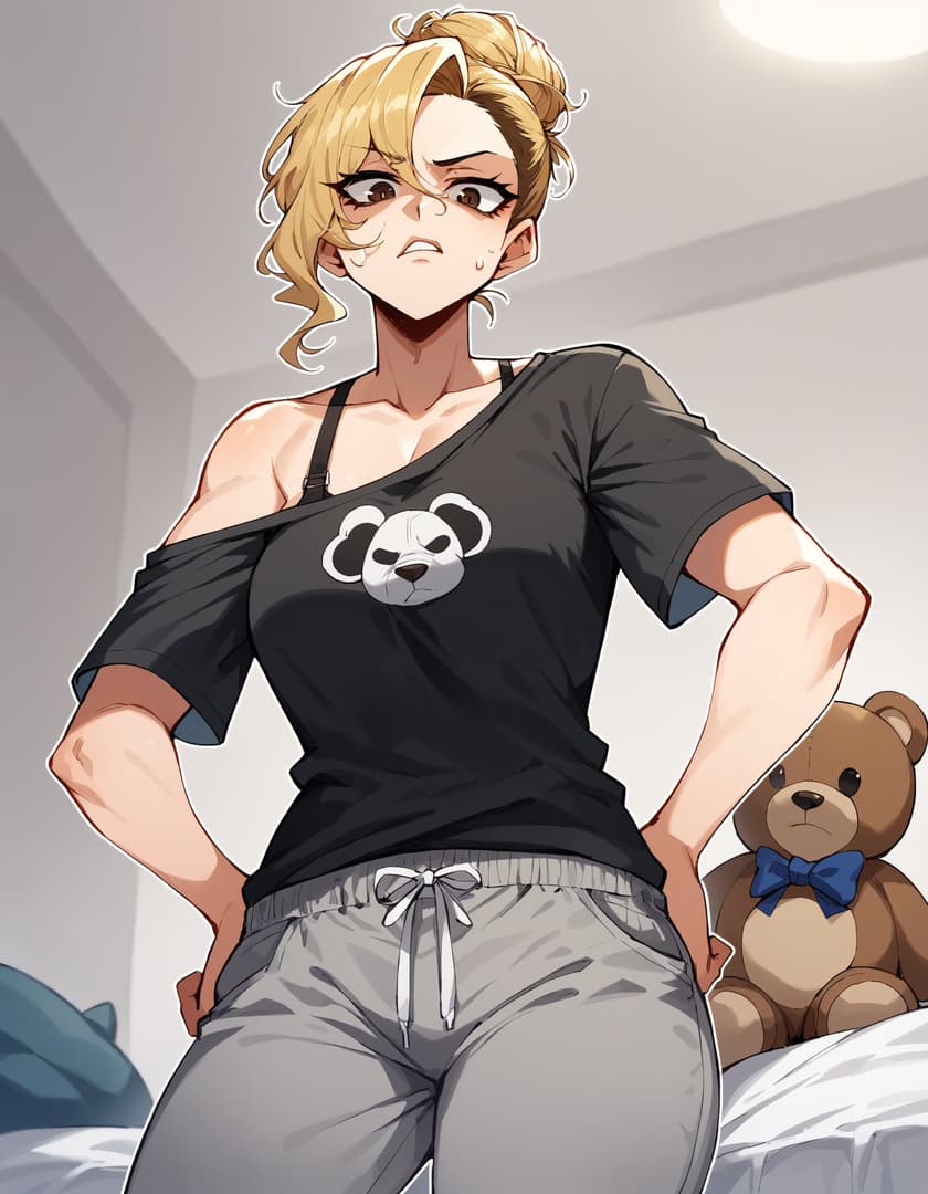 صورة الشخصية - angry expression, hands on hips, standing in bedroom, wearing black off-shoulder t-shirt with panda