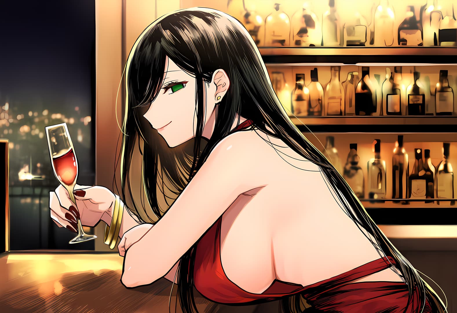 Immagine del personaggio - sitting at bar, holding champagne glass, wearing red dress with low back, long black hair, green eye
