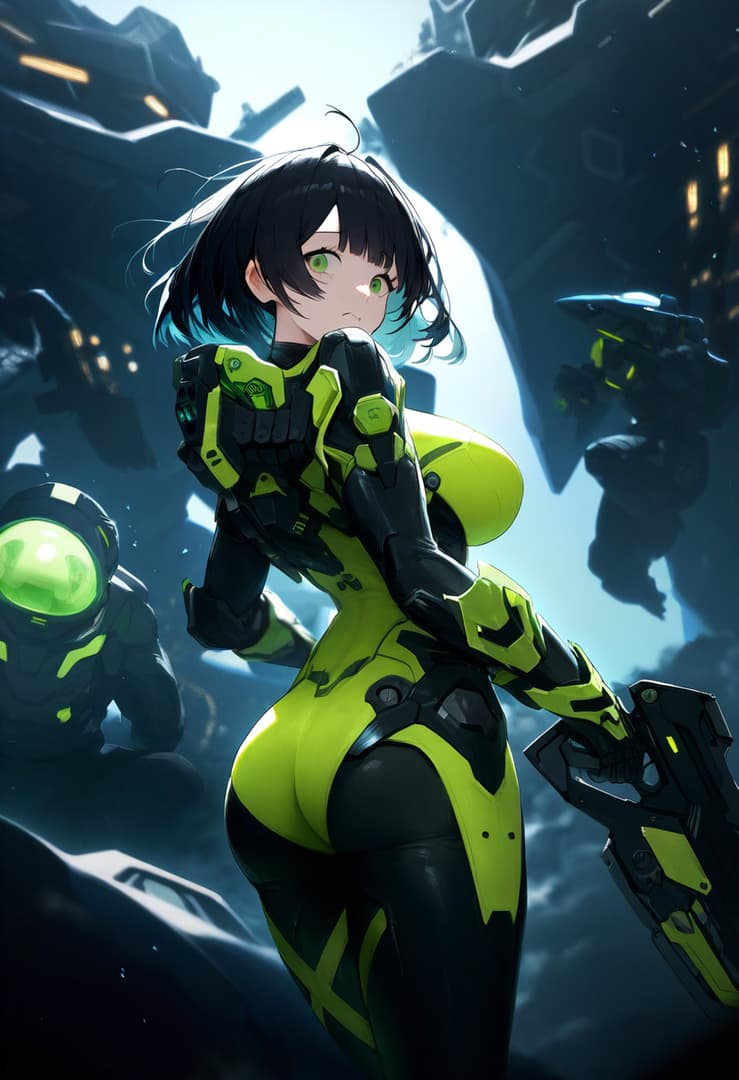 รูปภาพตัวละคร - female character in futuristic black and neon green armored suit, standing with back slightly turned