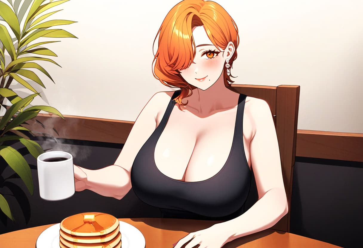 Karakter görseli - sitting at a table in a cafe, holding a steaming cup of coffee, smiling seductively, wearing a black
