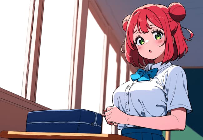 Imagem do personagem - shy expression in classroom, wearing school uniform with blue bow, blushing and looking down, holdin