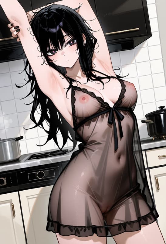 Karakter görseli - nude in kitchen, legs spread, arms raised above head, seductive expression, breasts and genitals vis