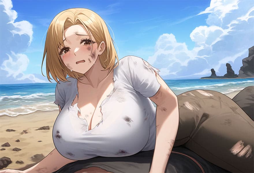 Obraz postaci - on beach, sitting with legs spread, torn white shirt exposing breasts, dirt and bruises on face and
