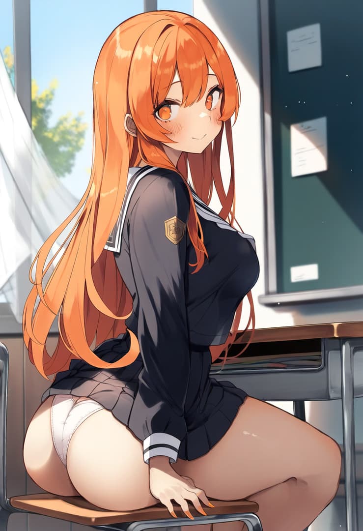 Charakterbild - sitting on desk in classroom, orange hair, school uniform, legs spread, underwear visible, seductive