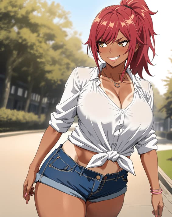 Charakterbild - outdoors on sidewalk, red-haired woman in white button-up shirt tied at waist and denim shorts, smil