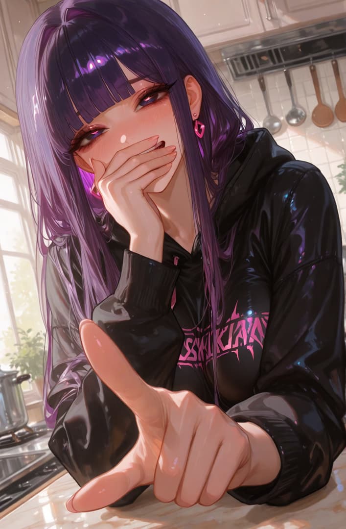 Immagine del personaggio - shy smile, hand covering mouth, pointing forward with index finger, in kitchen, wearing black shiny