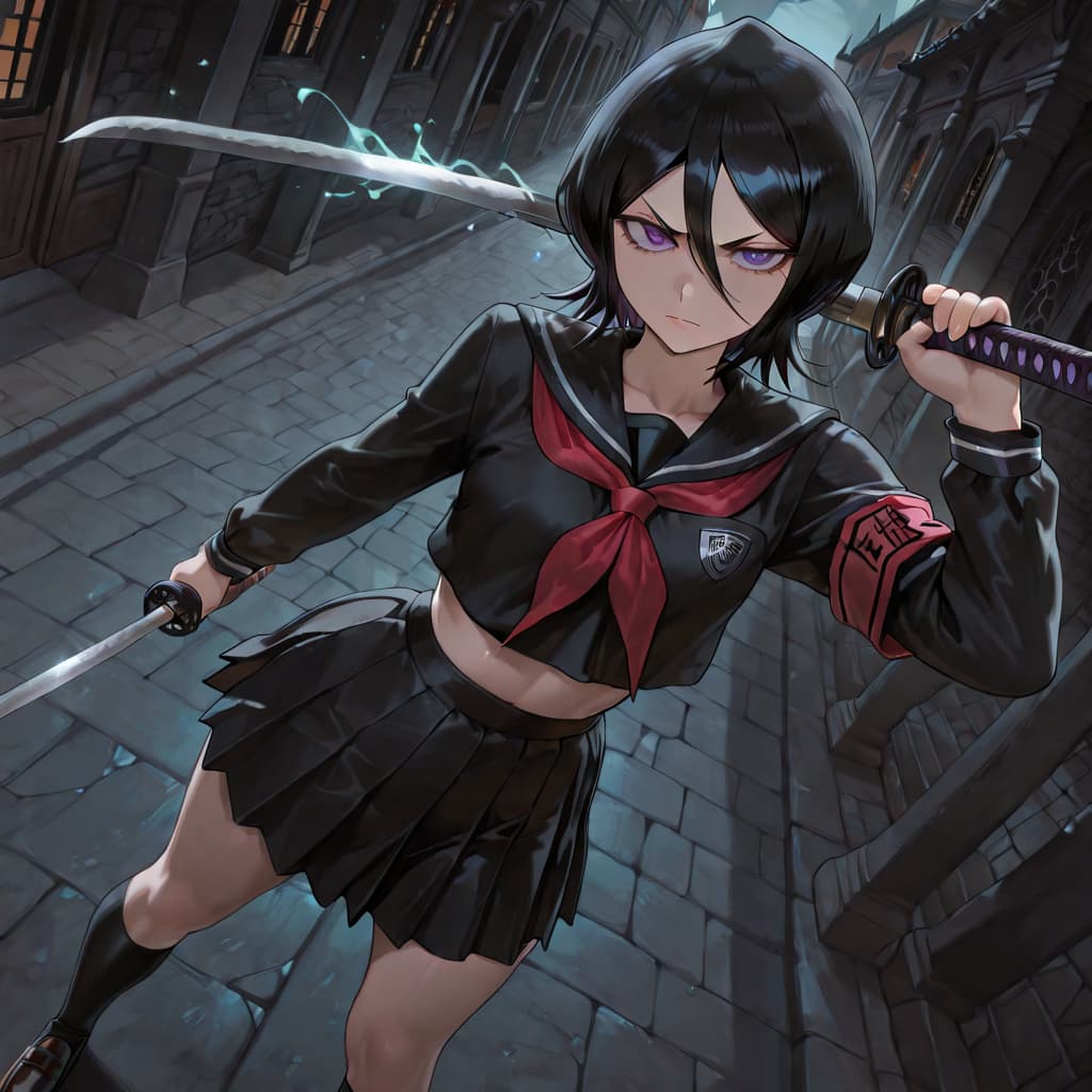 Immagine del personaggio - angry expression, holding two swords, in school uniform, standing in dark alley, legs slightly sprea