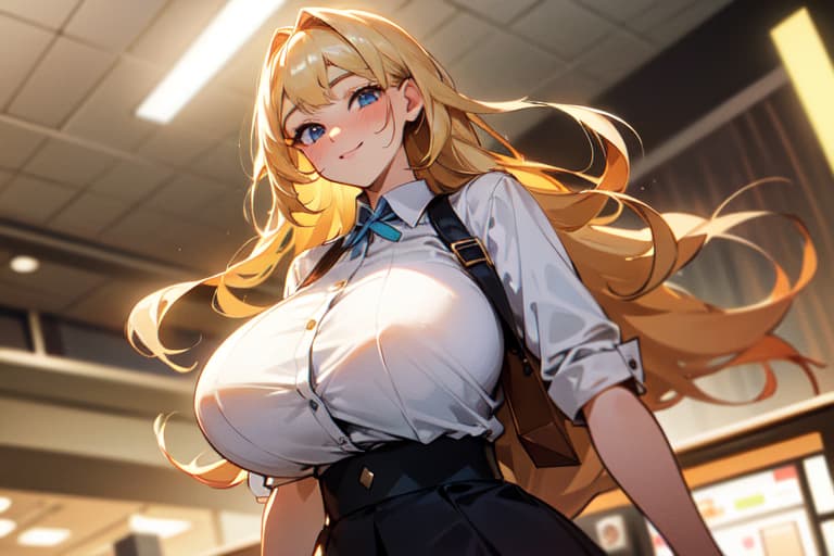 Gambar karakter - happy expression, standing in indoor setting, wearing white shirt and black skirt with suspenders, l