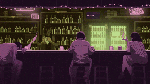 Immagine del personaggio - nude on bar stool, legs spread, seductive expression, topless with breasts visible, bartender in bac