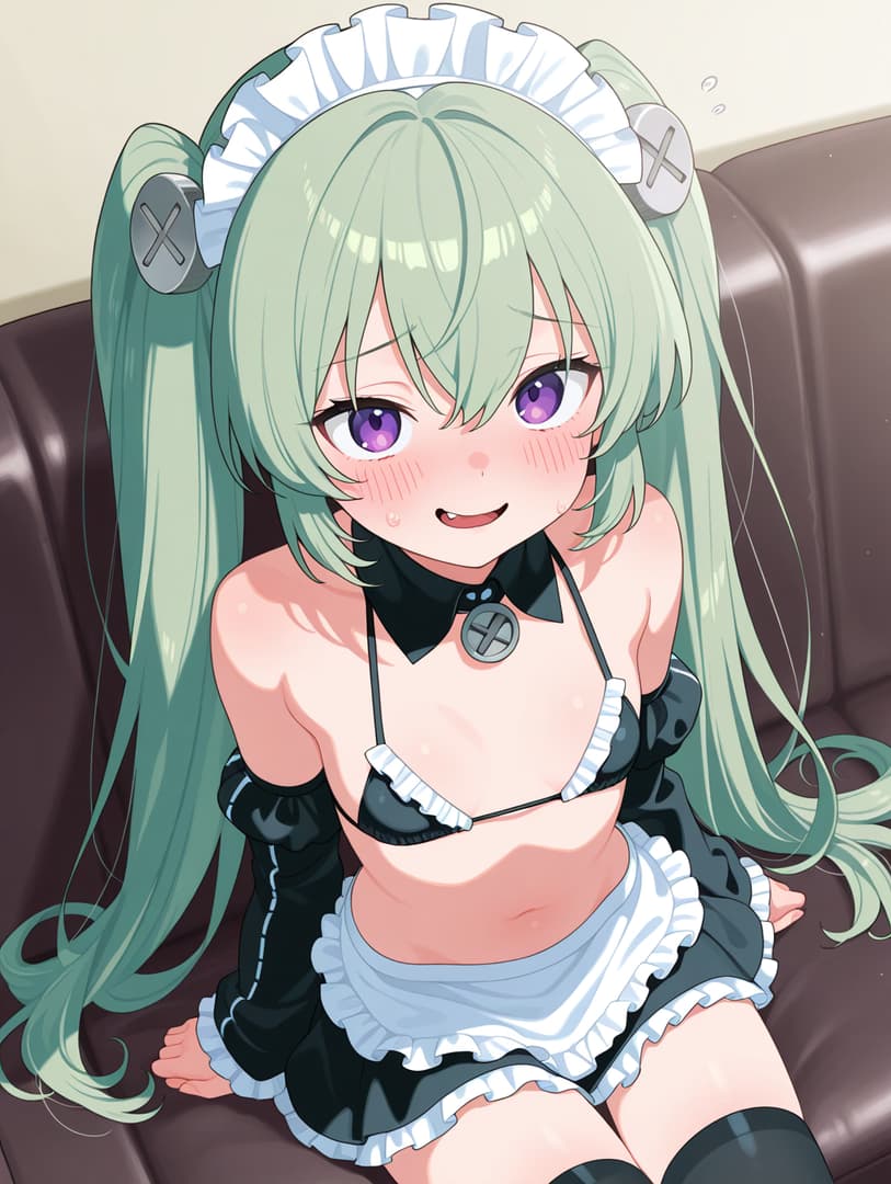 Immagine del personaggio - sitting on couch, maid outfit with black top and white frills, breasts exposed, legs spread, flushed