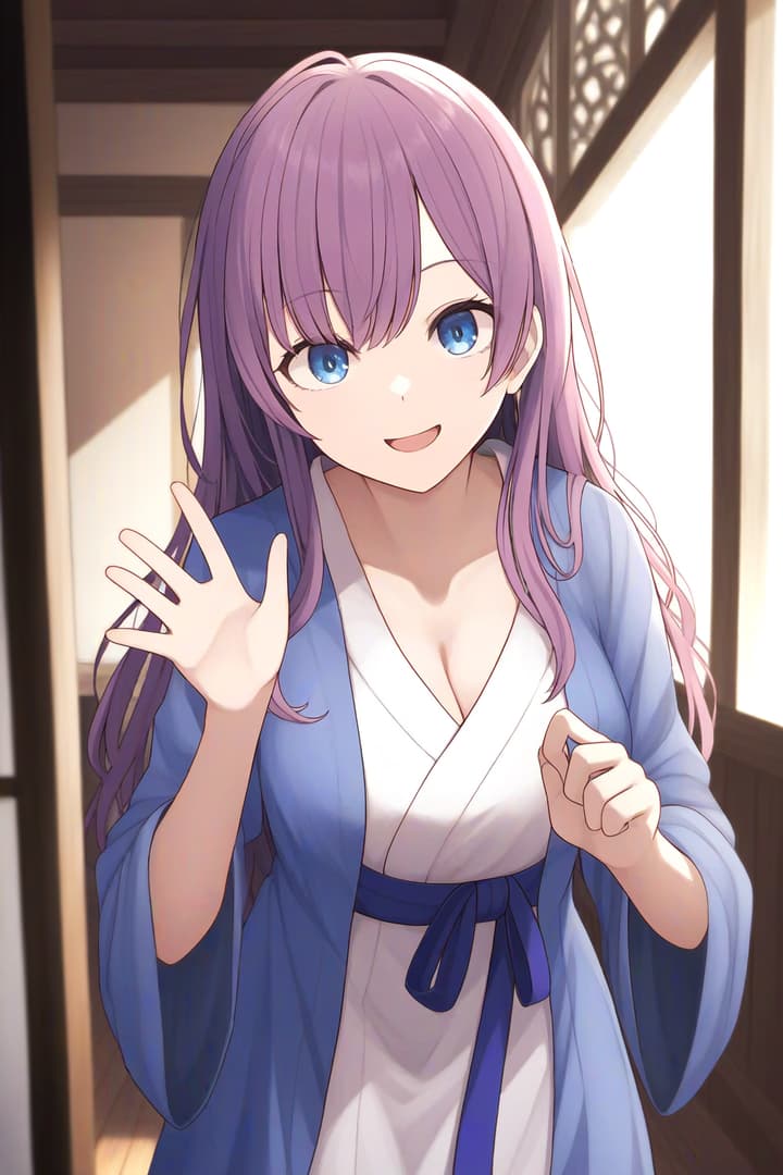 Immagine del personaggio - happy expression, waving hand, wearing blue robe over white undergarment, standing in traditional ro