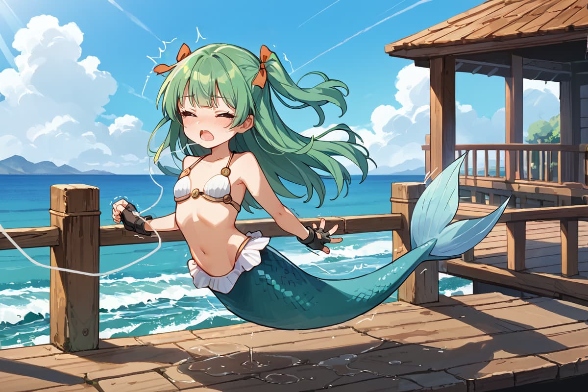 캐릭터 이미지 - mermaid girl on wooden pier, green hair in pigtails, wearing white bikini top with brown straps, tai