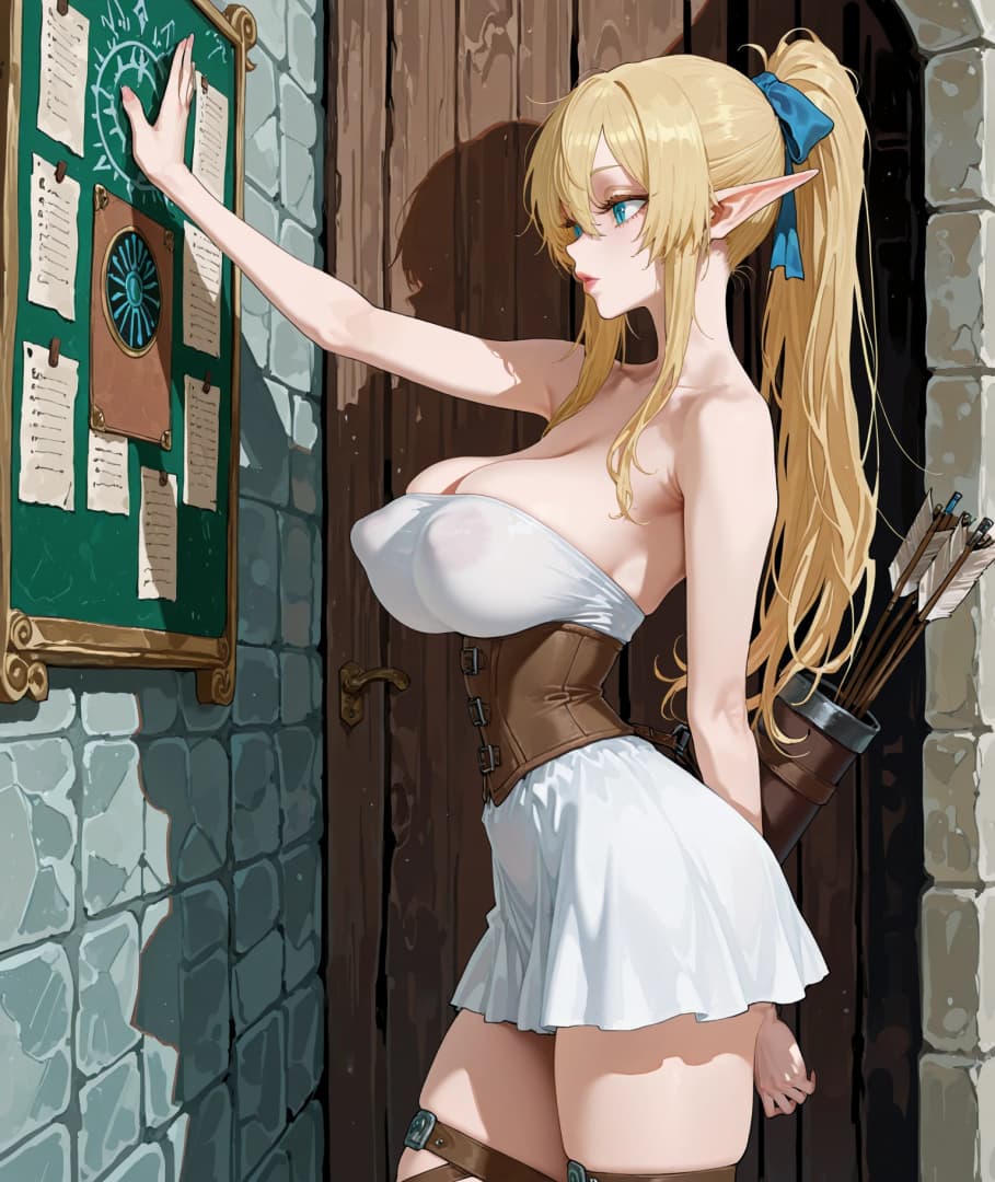 Obraz postaci - elf woman in white dress and corset, standing in doorway, hand on bulletin board, breasts exposed, s