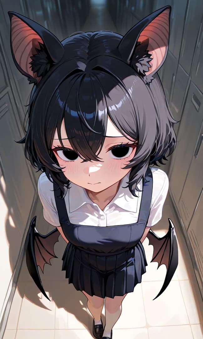 캐릭터 이미지 - shy expression, looking up with large eyes, wearing school uniform with black cat ears and small bat