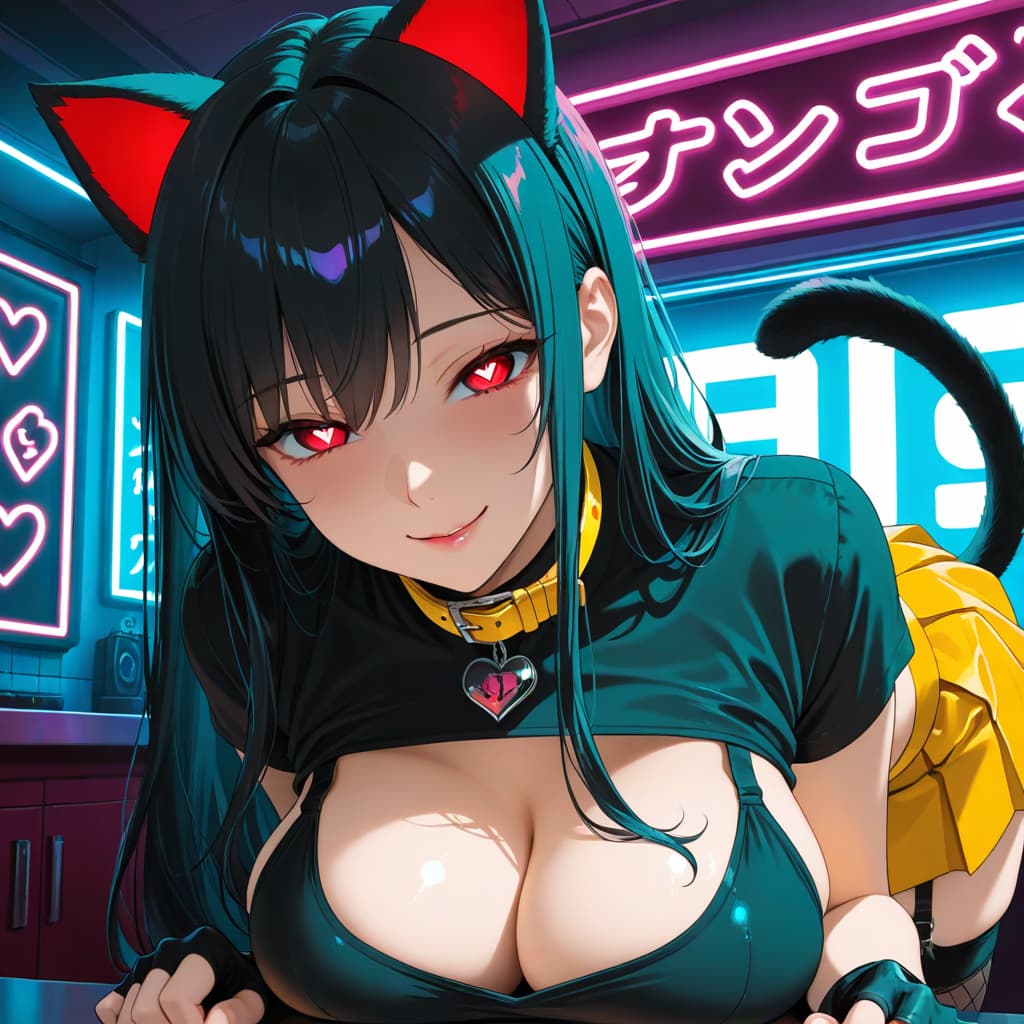 Charakterbild - topless in neon-lit cyberpunk setting, cat ears and tail, red eyes, seductive smile, breasts exposed