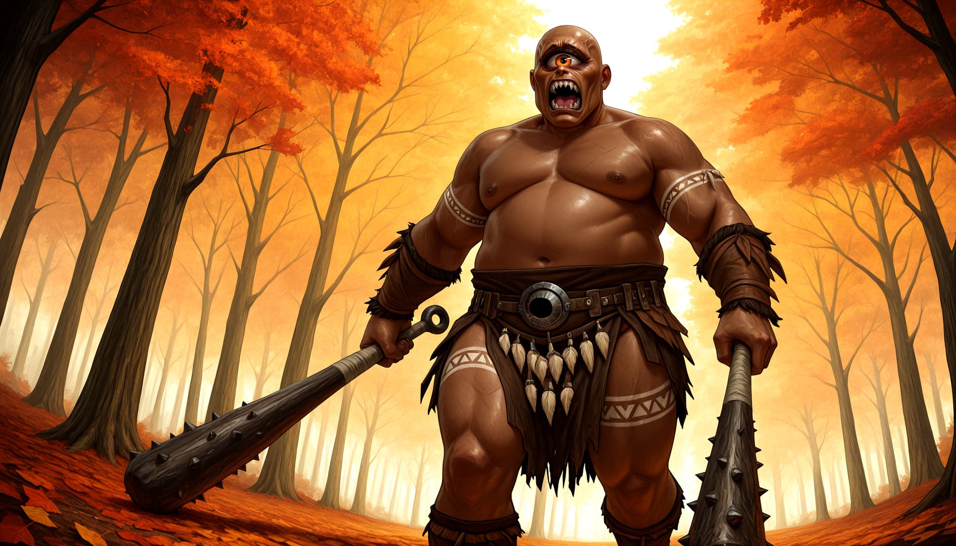 Imagen del personaje - angry roar in autumn forest, muscular bare-chested warrior with one eye, holding spiked clubs, weari